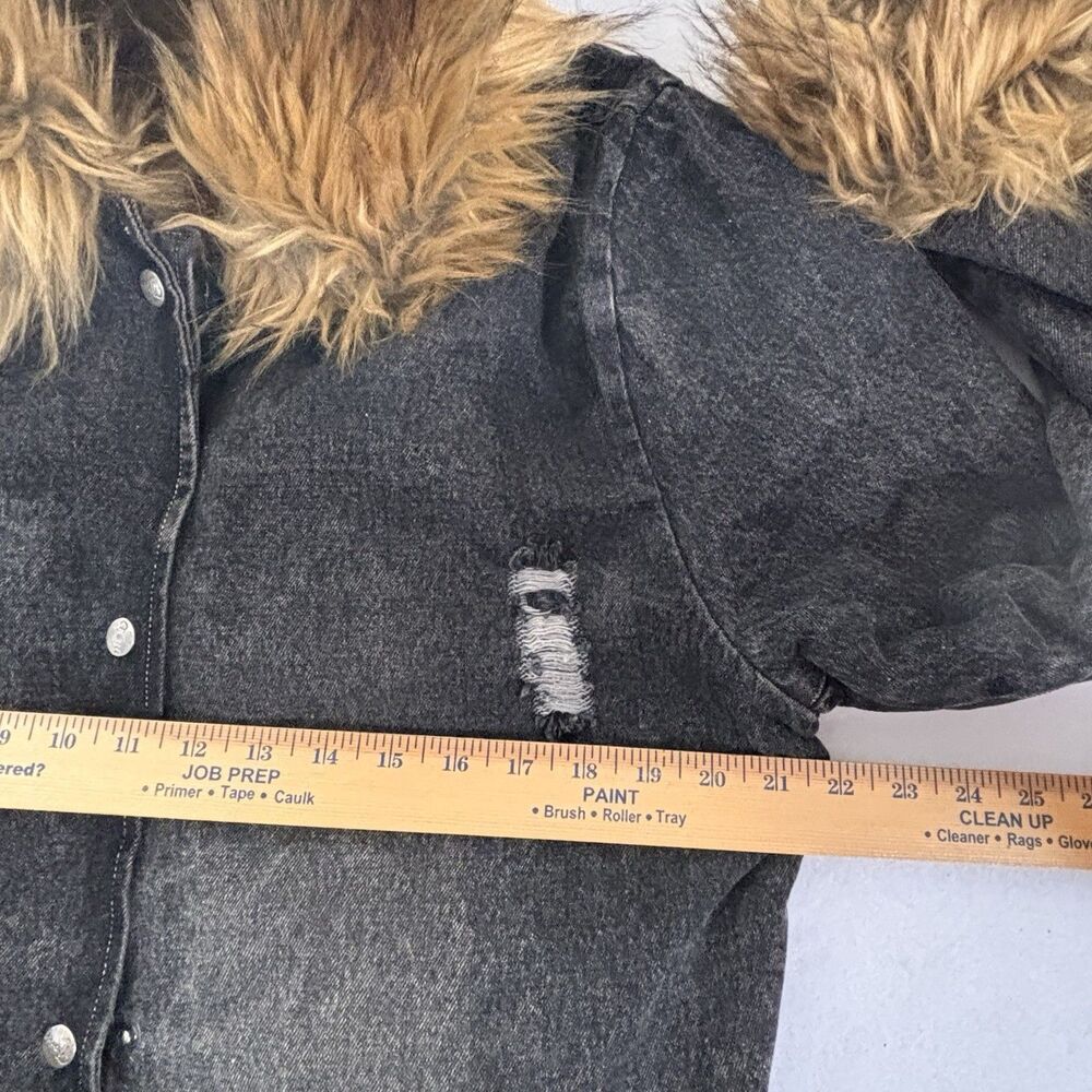 Y2K Fur Trim Penny Lane Hooded Coat Jacket Black Wash Distressed Denim Womens L - Picture 10 of 14